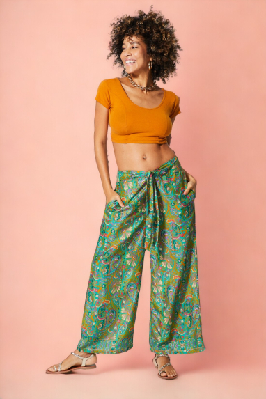 Green print fluid pant with pockets - PIP2004J